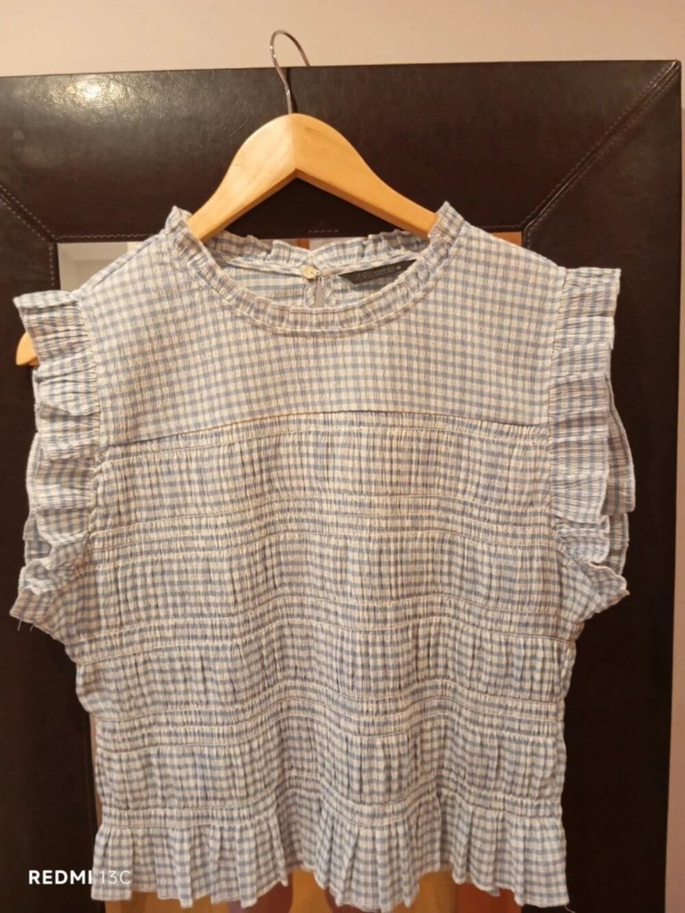 Blue & White Gingham Ruffle Sleeveless Blouse Size XL, US 10